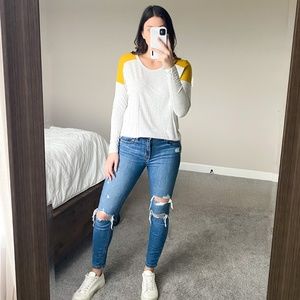 Gray Long Sleeve T with Gold Shoulder Detail